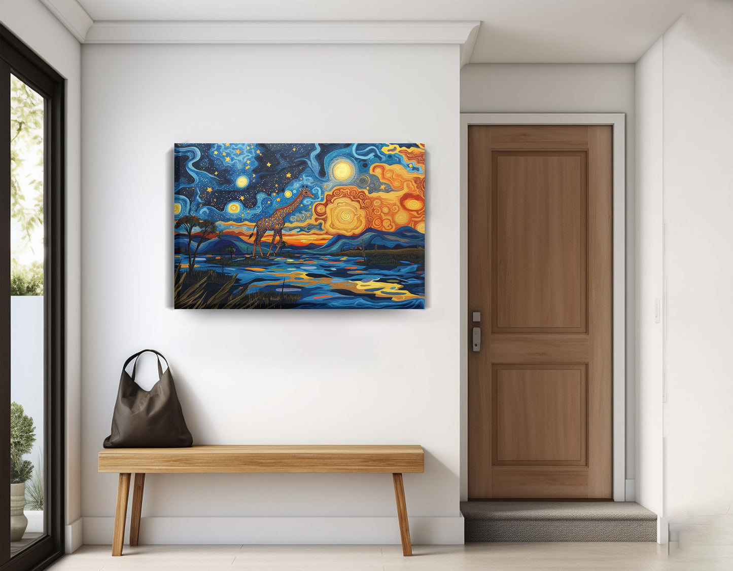 Blue Safari Sunset African American canvas print displayed as entryway wall decor