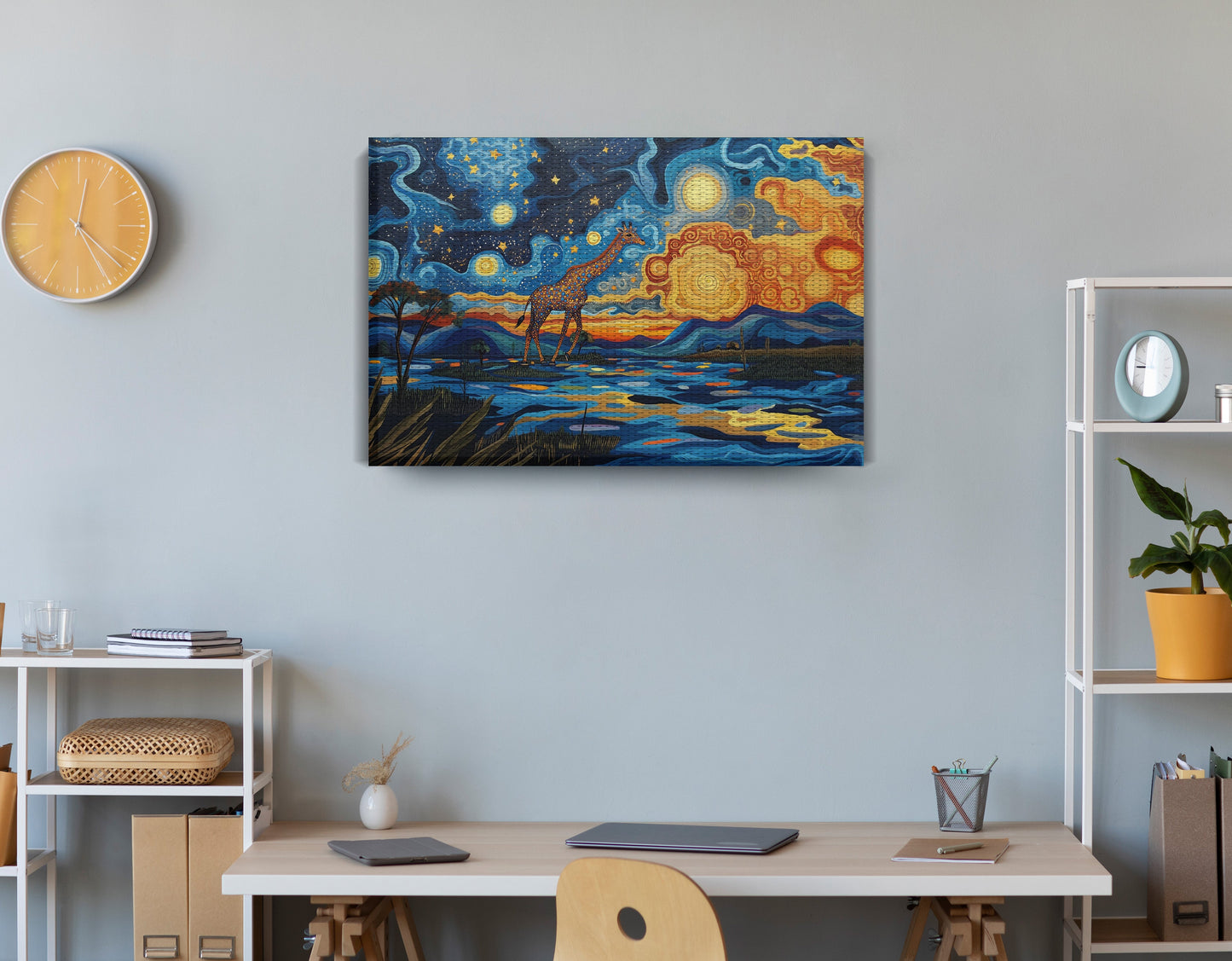 Blue Safari Sunset African American canvas print displayed as office wall decor