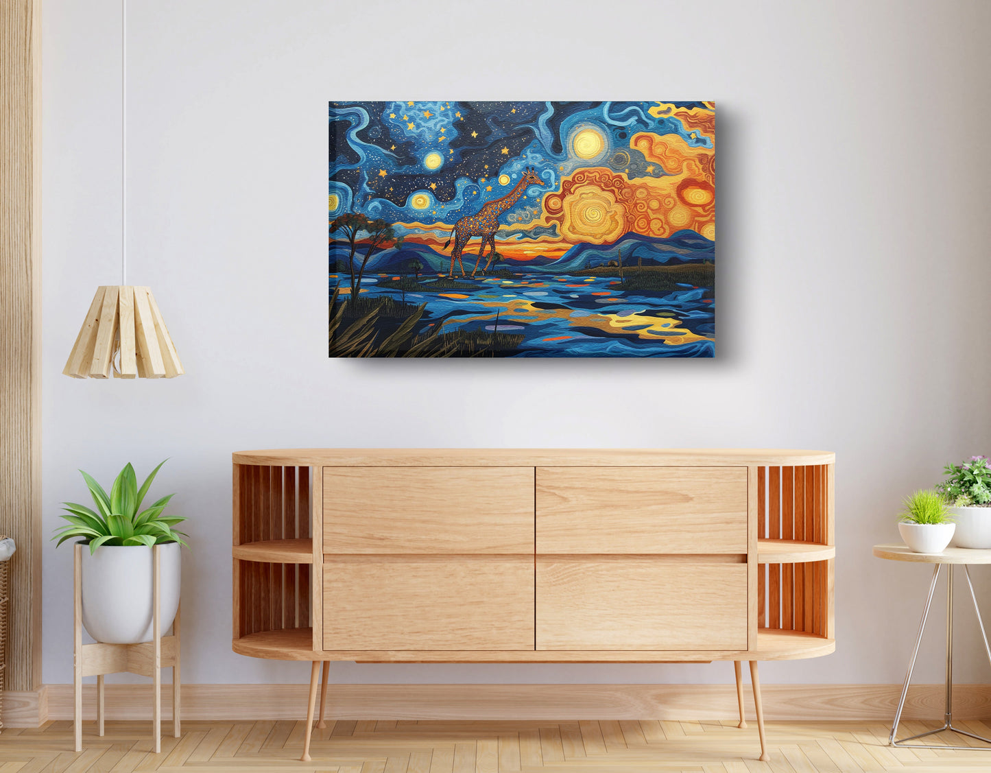 Blue Safari Sunset African American canvas print displayed as living room wall decor