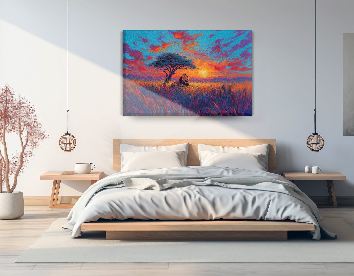 Lion Colorful Sunset Black African American canvas print displayed as bedroom wall decor