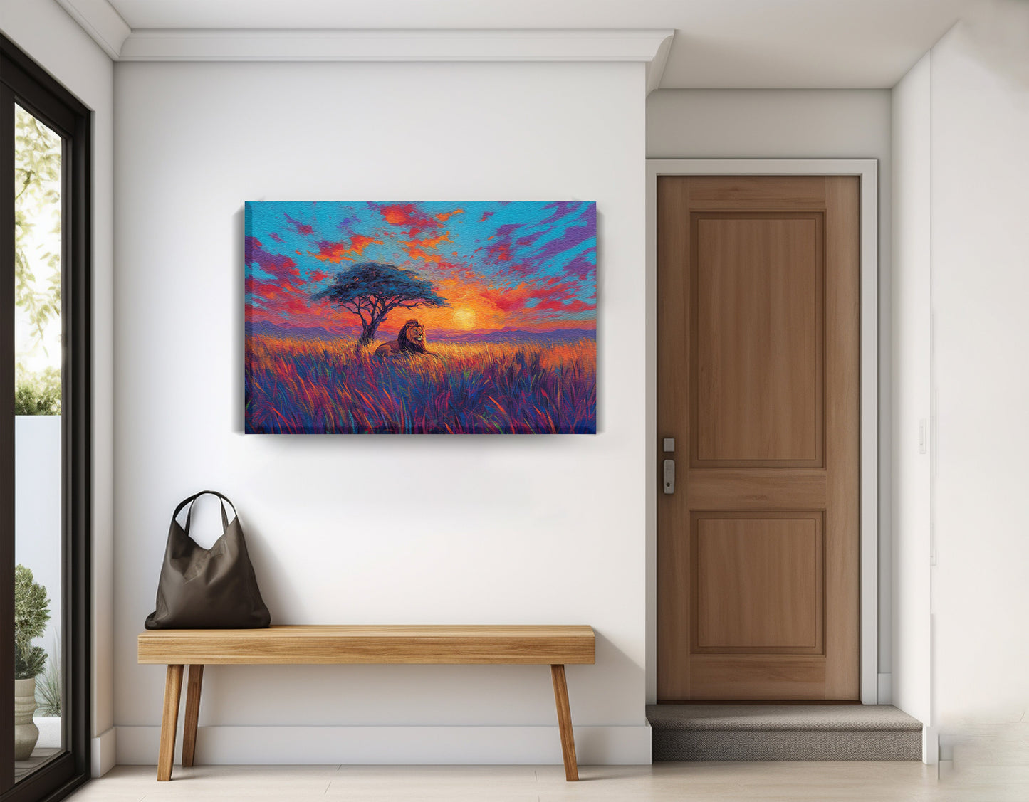 Lion Colorful Sunset Black African American canvas print displayed as entryway wall decor