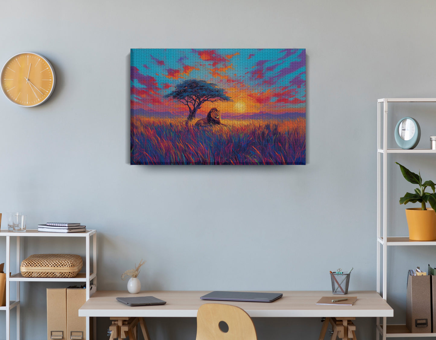 Lion Colorful Sunset Black African American canvas print displayed as office wall decor