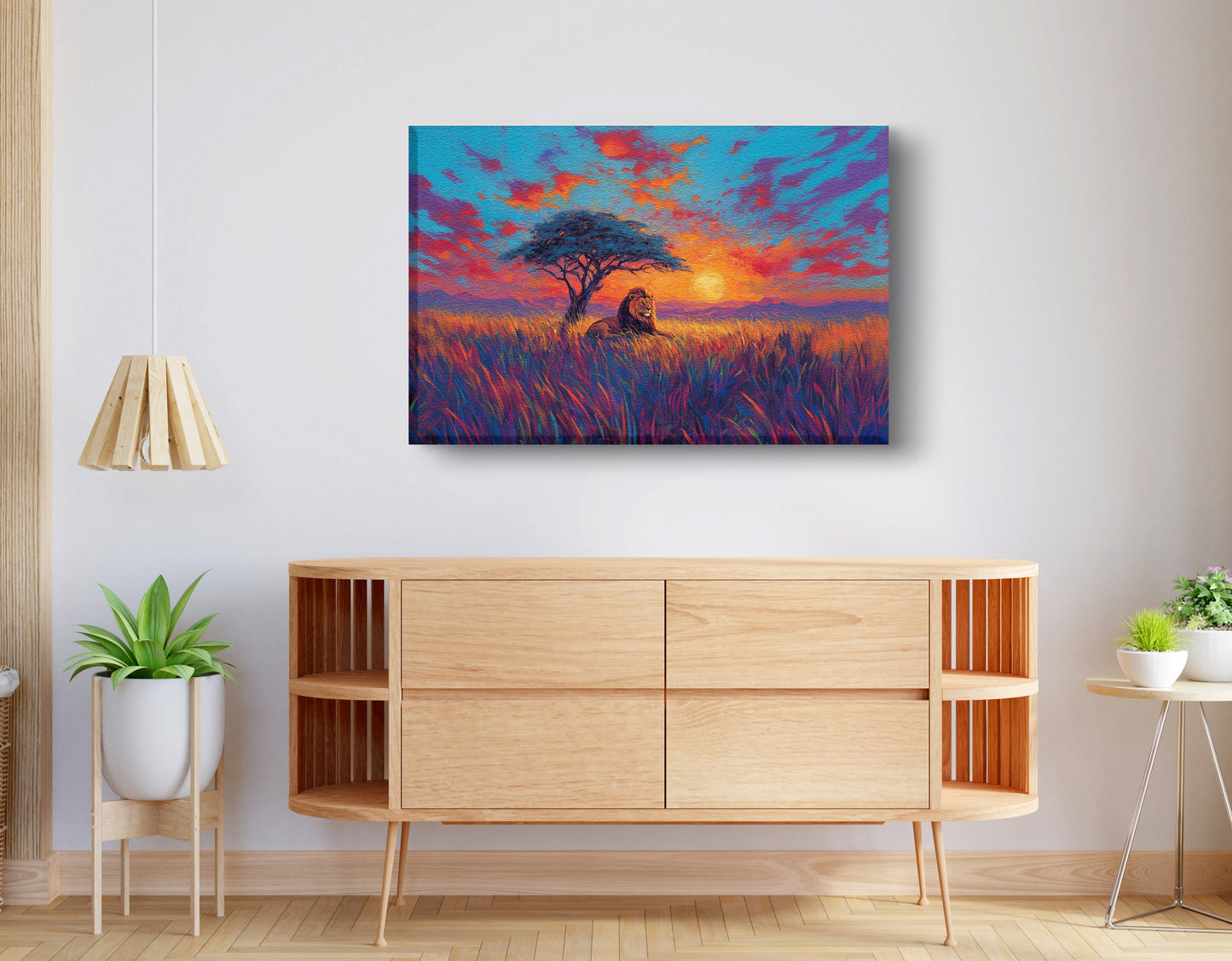 Lion Colorful Sunset Black African American canvas print displayed as living room wall decor