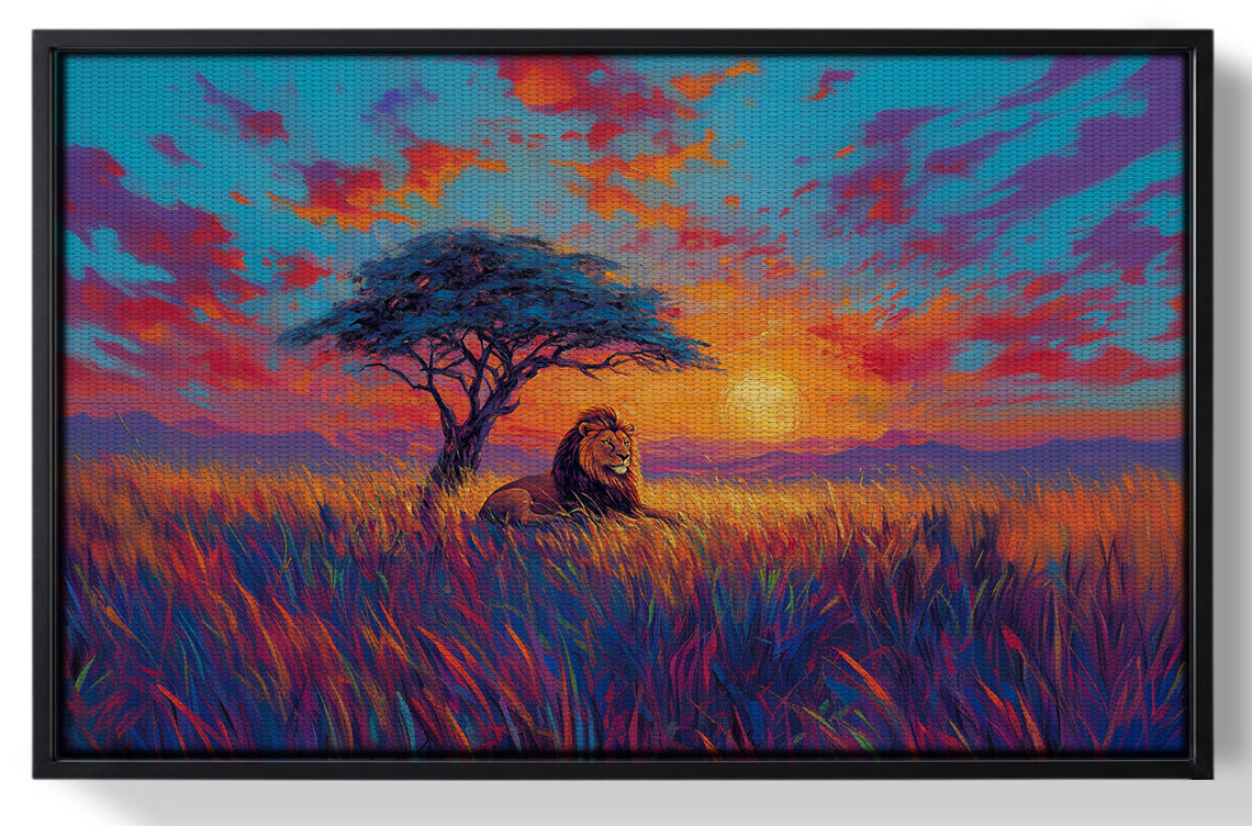 Framed Lion Colorful Sunset Black African American canvas print for home decor