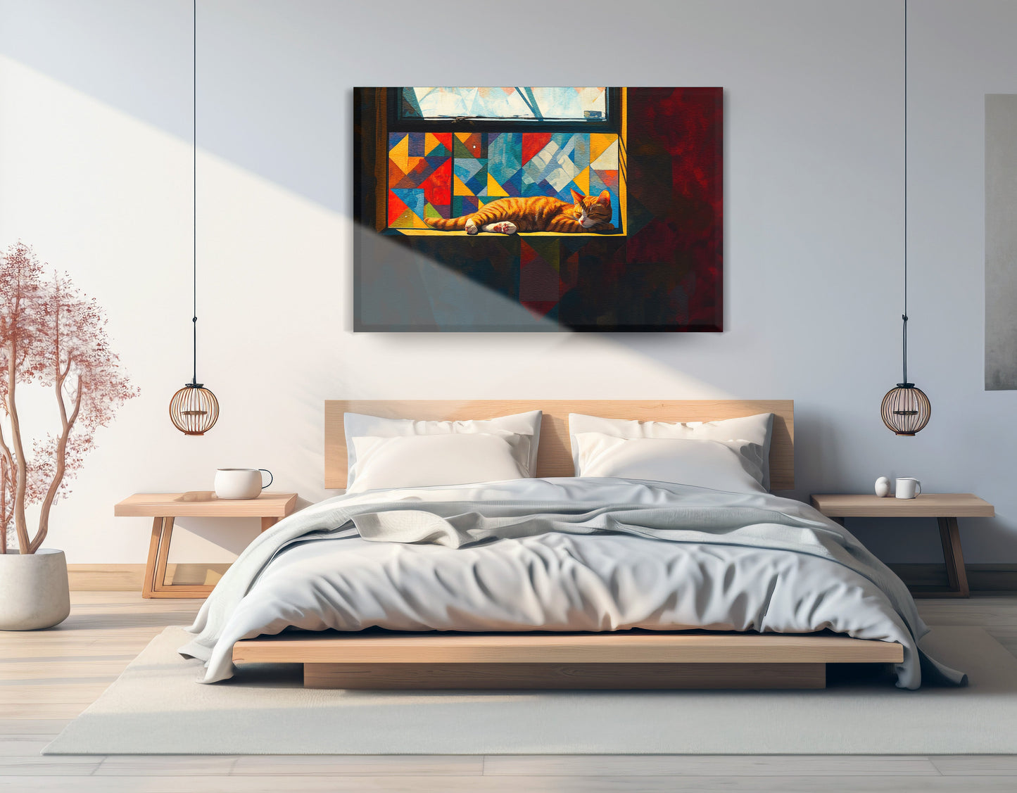 Sleeping Orange Cat Window African American canvas print displayed as bedroom wall decor