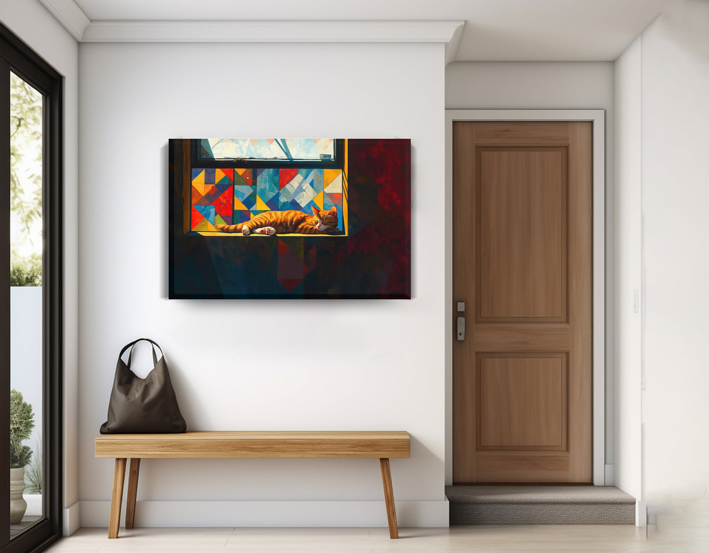 Sleeping Orange Cat Window African American canvas print displayed as entryway wall decor