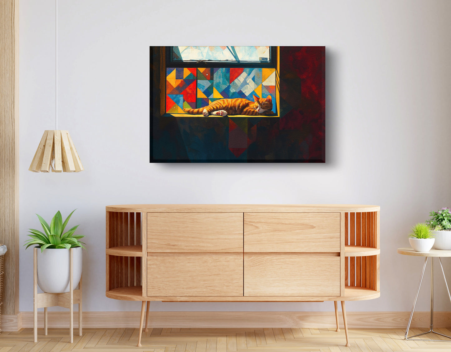 Sleeping Orange Cat Window African American canvas print displayed as living room wall decor