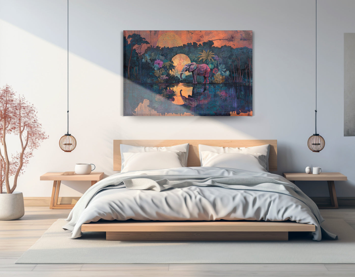 Elephant Moon River African American canvas print displayed as bedroom wall decor
