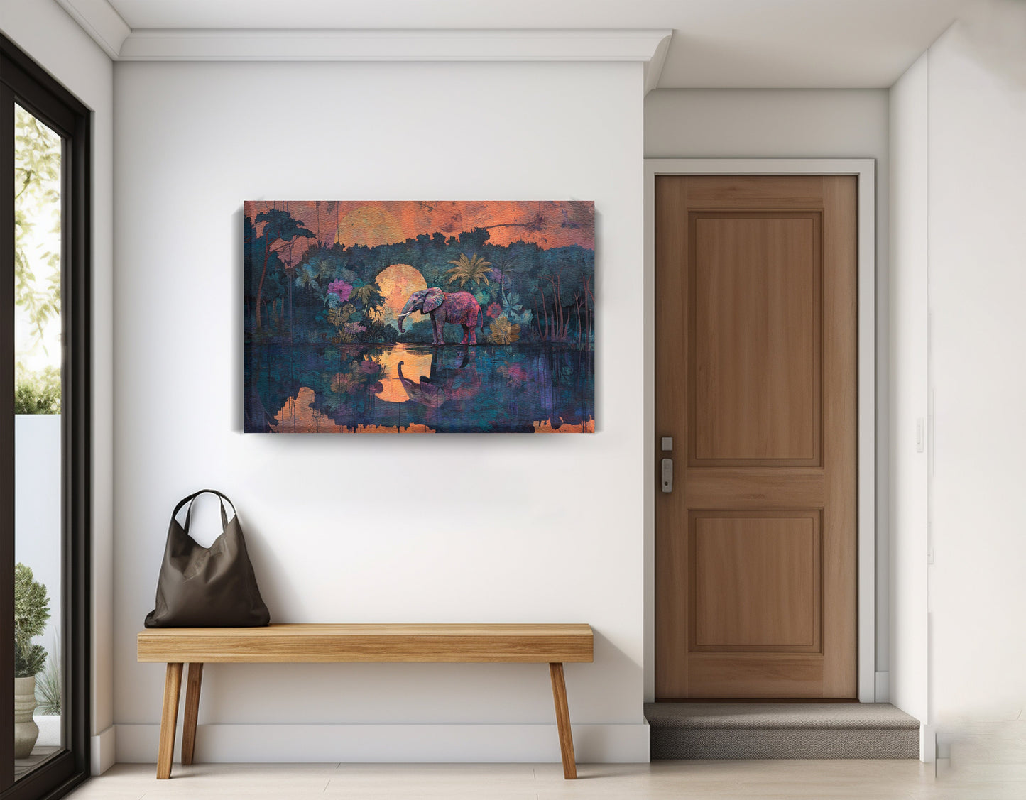 Elephant Moon River African American canvas print displayed as entryway wall decor