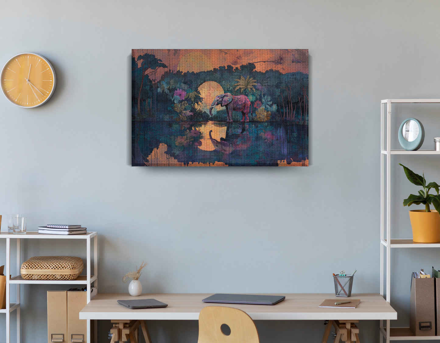 Elephant Moon River African American canvas print displayed as office wall decor