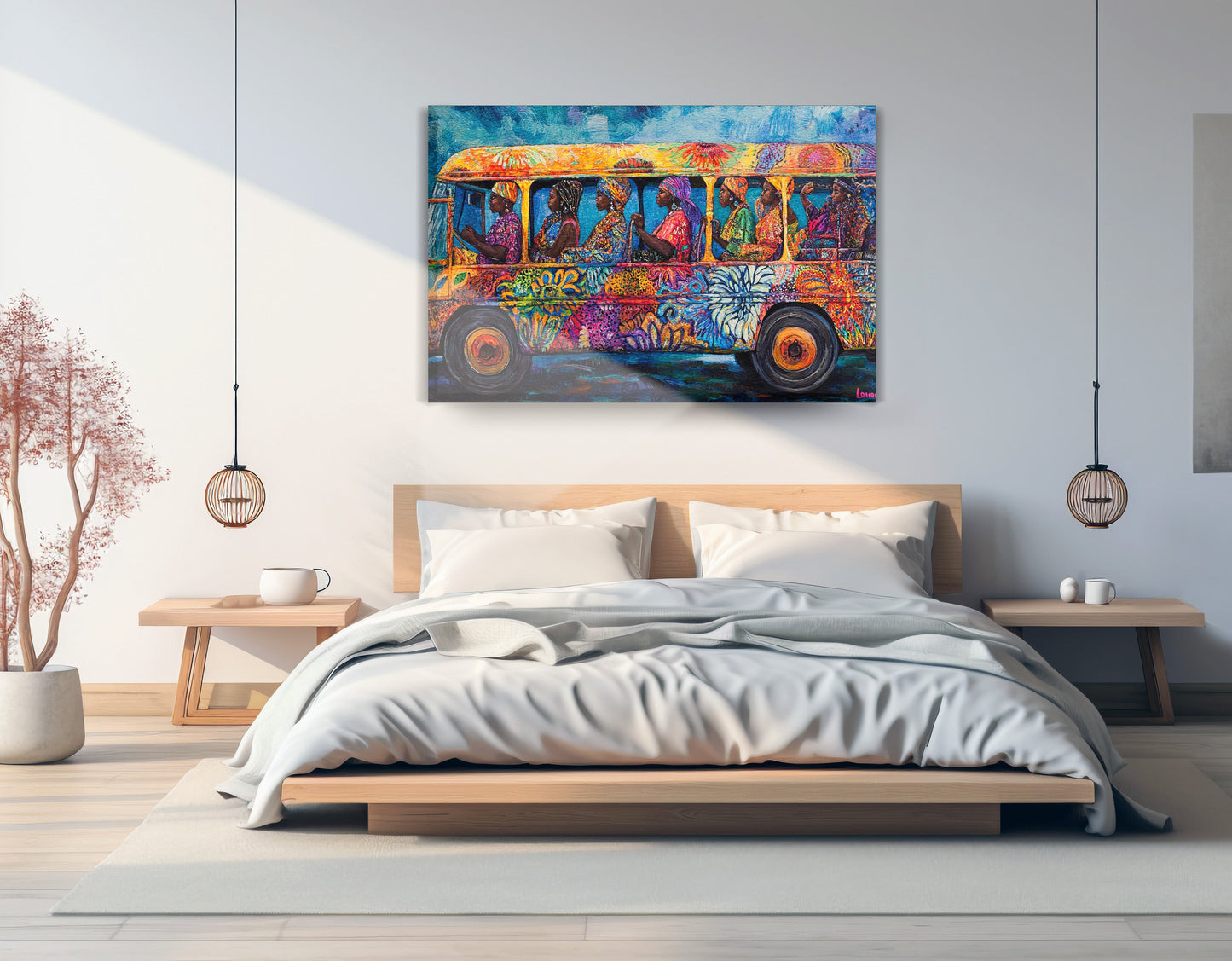 Colorful Bus Street Scene Black African American canvas print displayed as bedroom wall decor