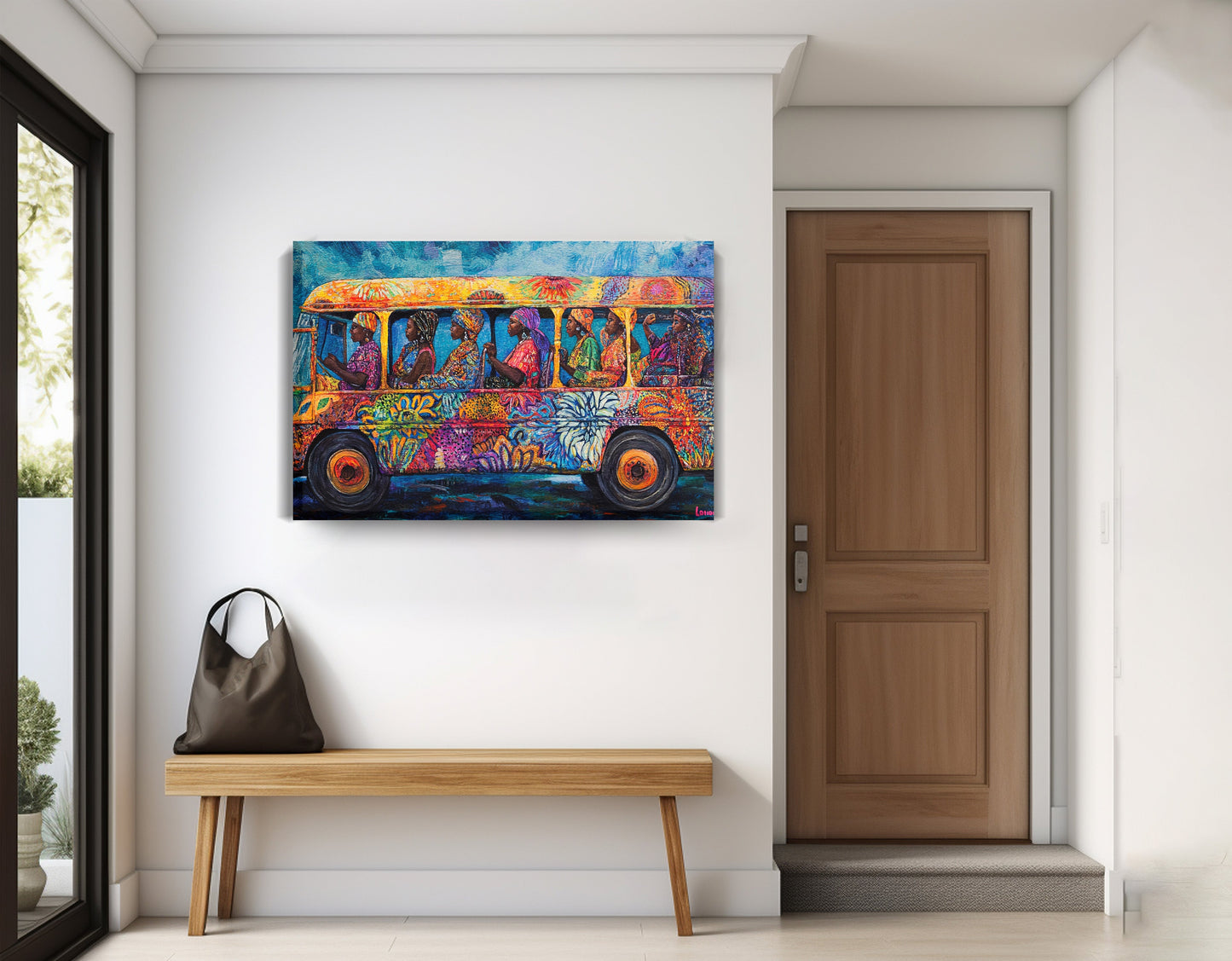 Colorful Bus Street Scene Black African American canvas print displayed as entryway wall decor