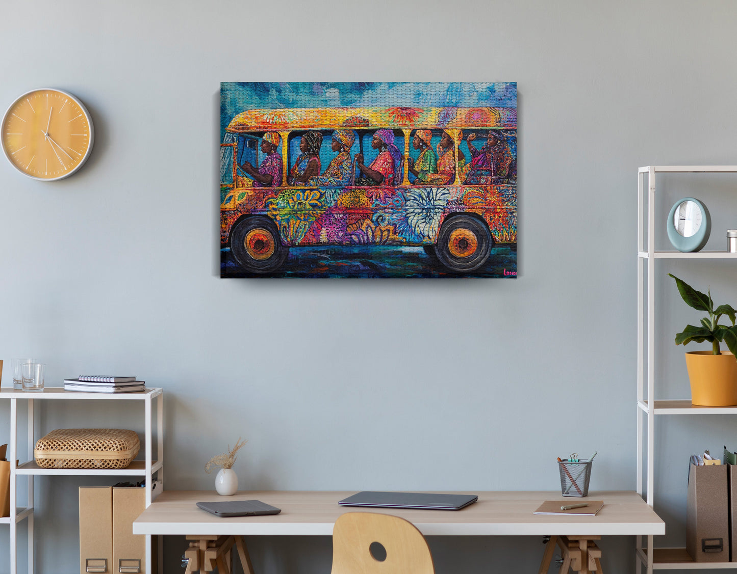 Colorful Bus Street Scene Black African American canvas print displayed as office wall decor