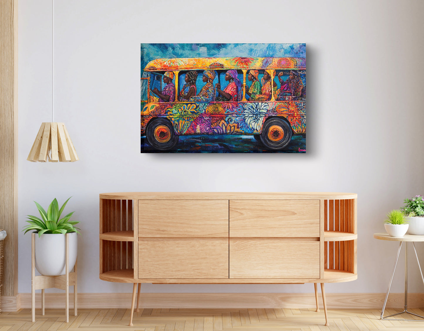Colorful Bus Street Scene Black African American canvas print displayed as living room wall decor