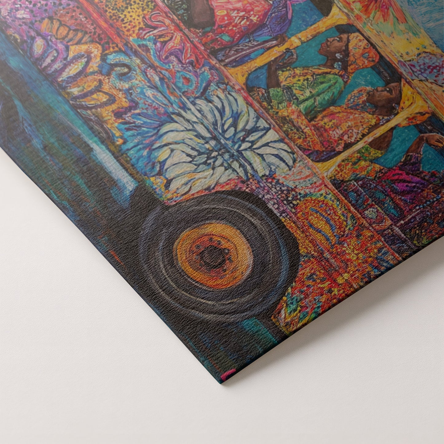 Colorful Bus Street Scene Black African American canvas print artwork by MoomZee Artwork