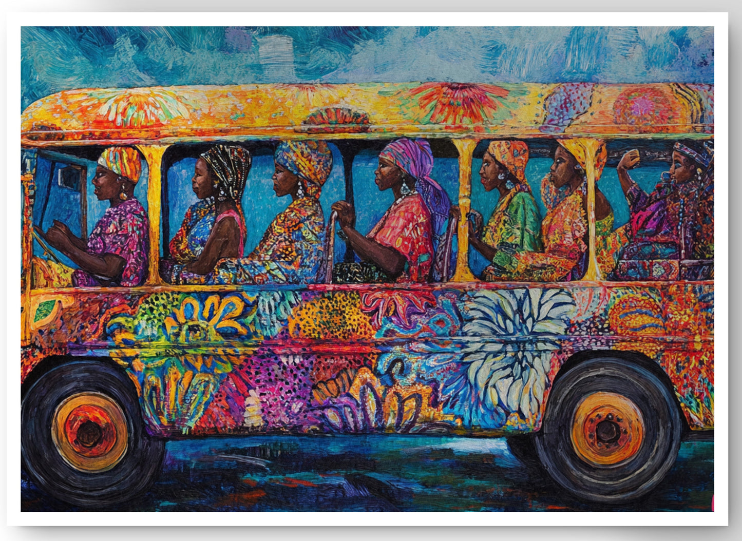 Colorful Bus Street Scene Black African American canvas print by MoomZee Artwork