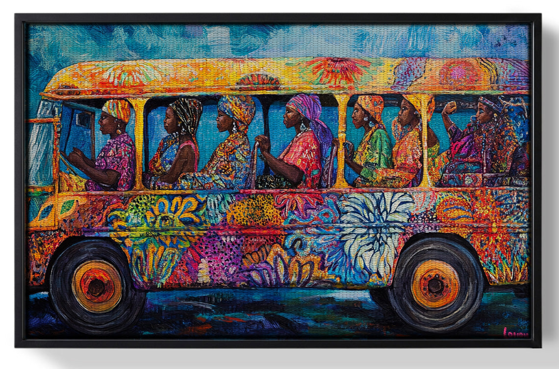 Framed Colorful Bus Street Scene Black African American canvas print for home decor
