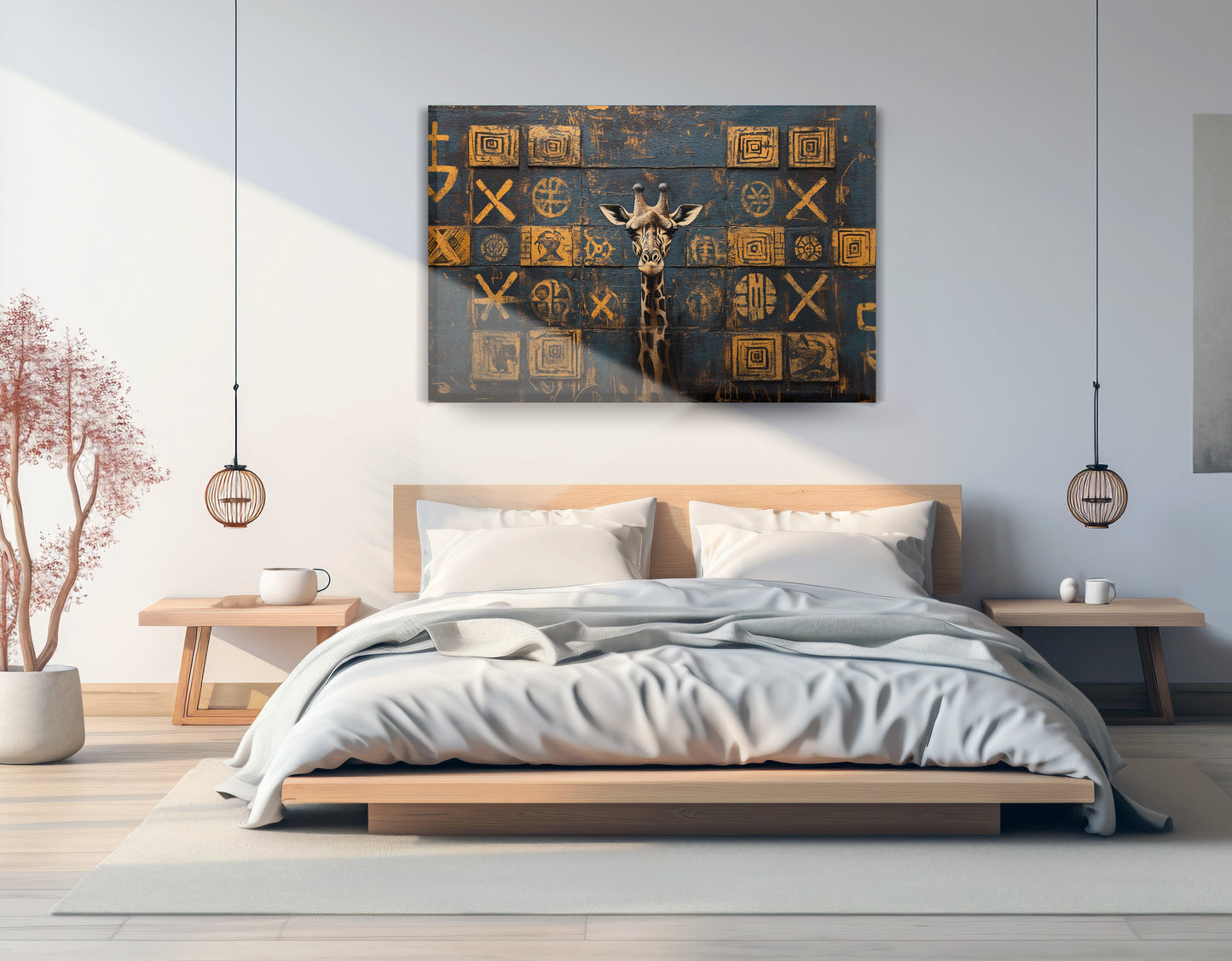 Tall Giraffe Tribal Black African American canvas print displayed as bedroom wall decor