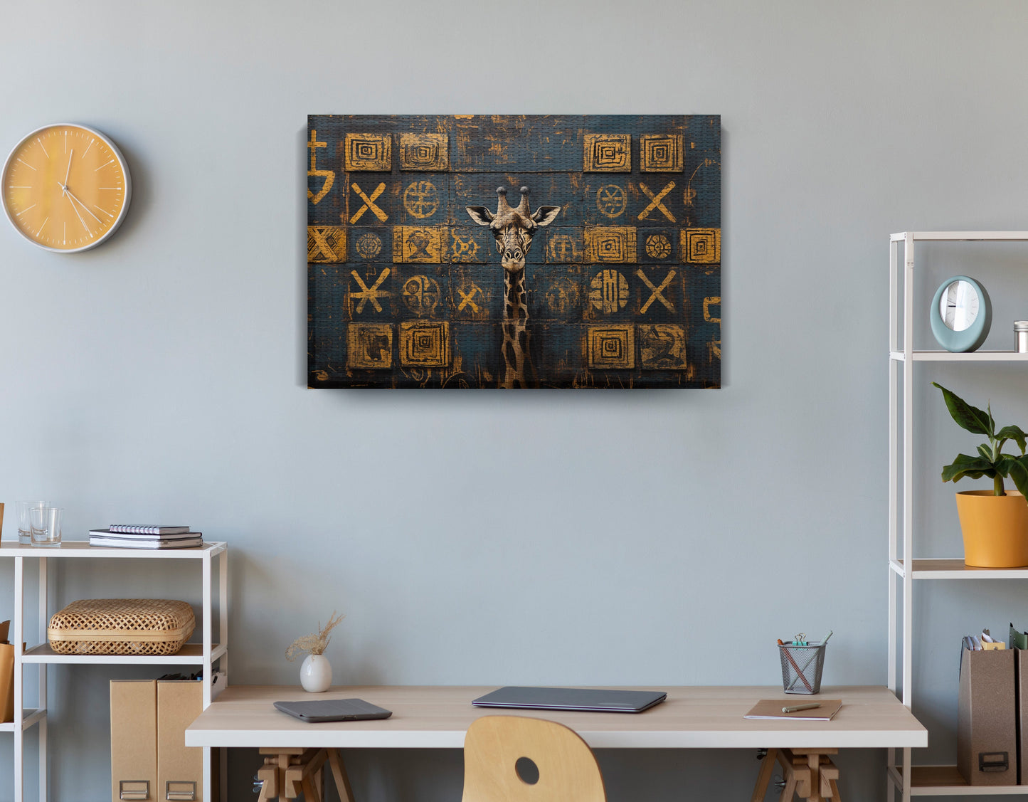 Tall Giraffe Tribal Black African American canvas print displayed as office wall decor