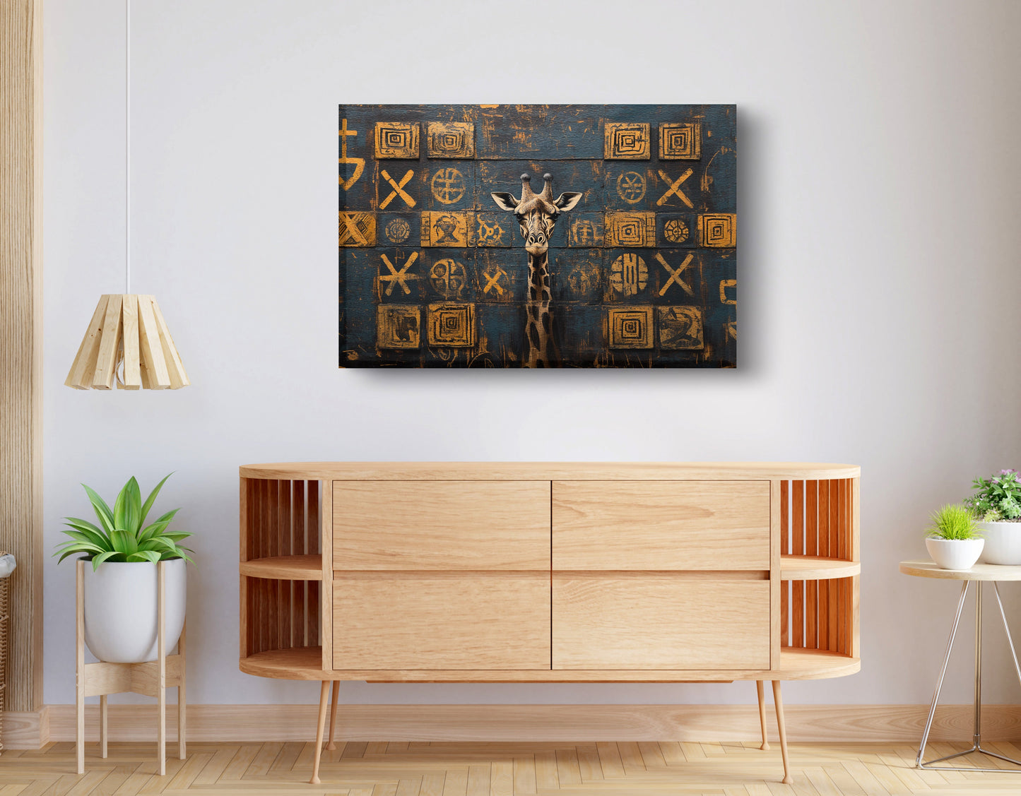 Tall Giraffe Tribal Black African American canvas print displayed as living room wall decor
