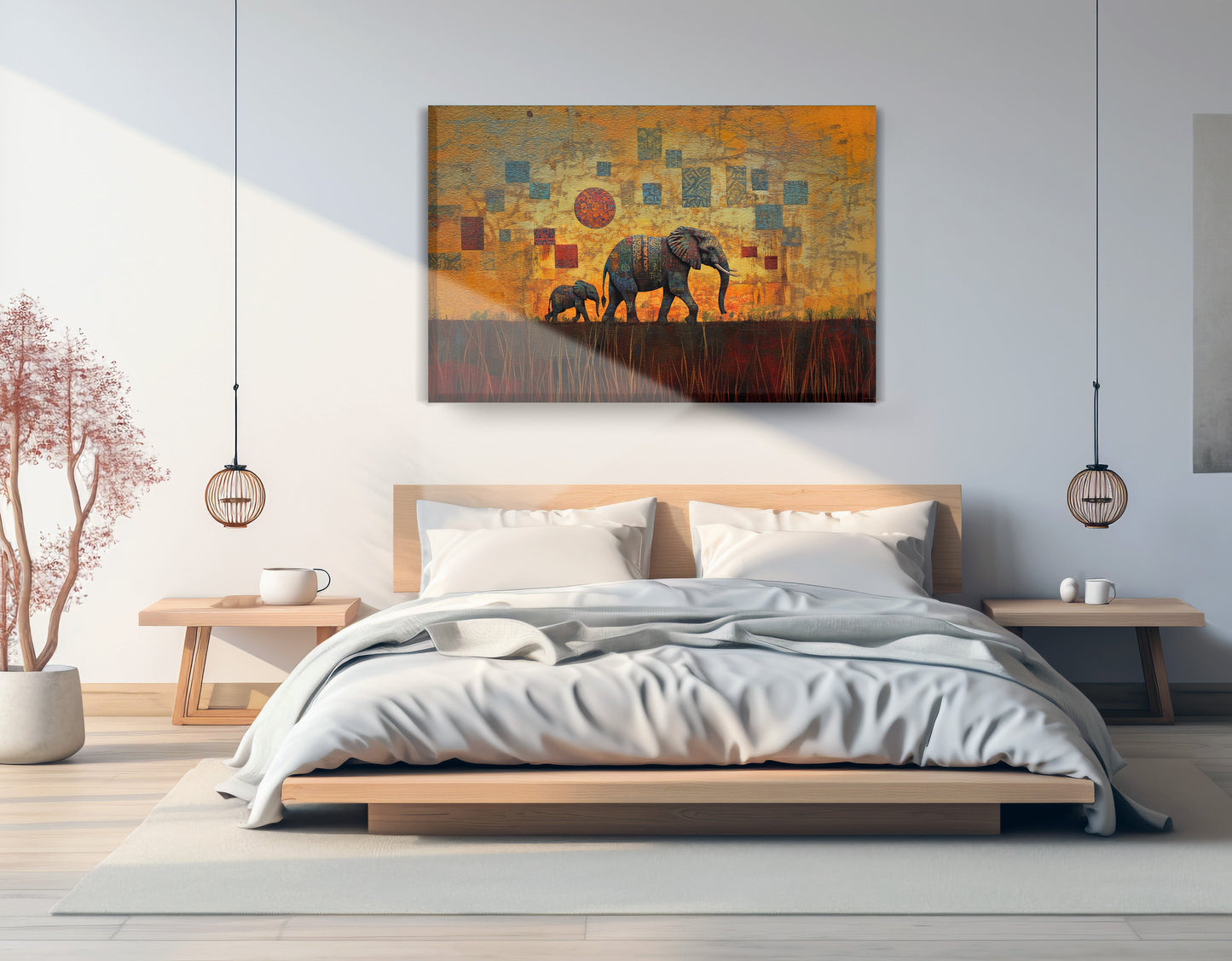 Elephant Family Gold Abstract African American abstract art displayed as bedroom wall decor