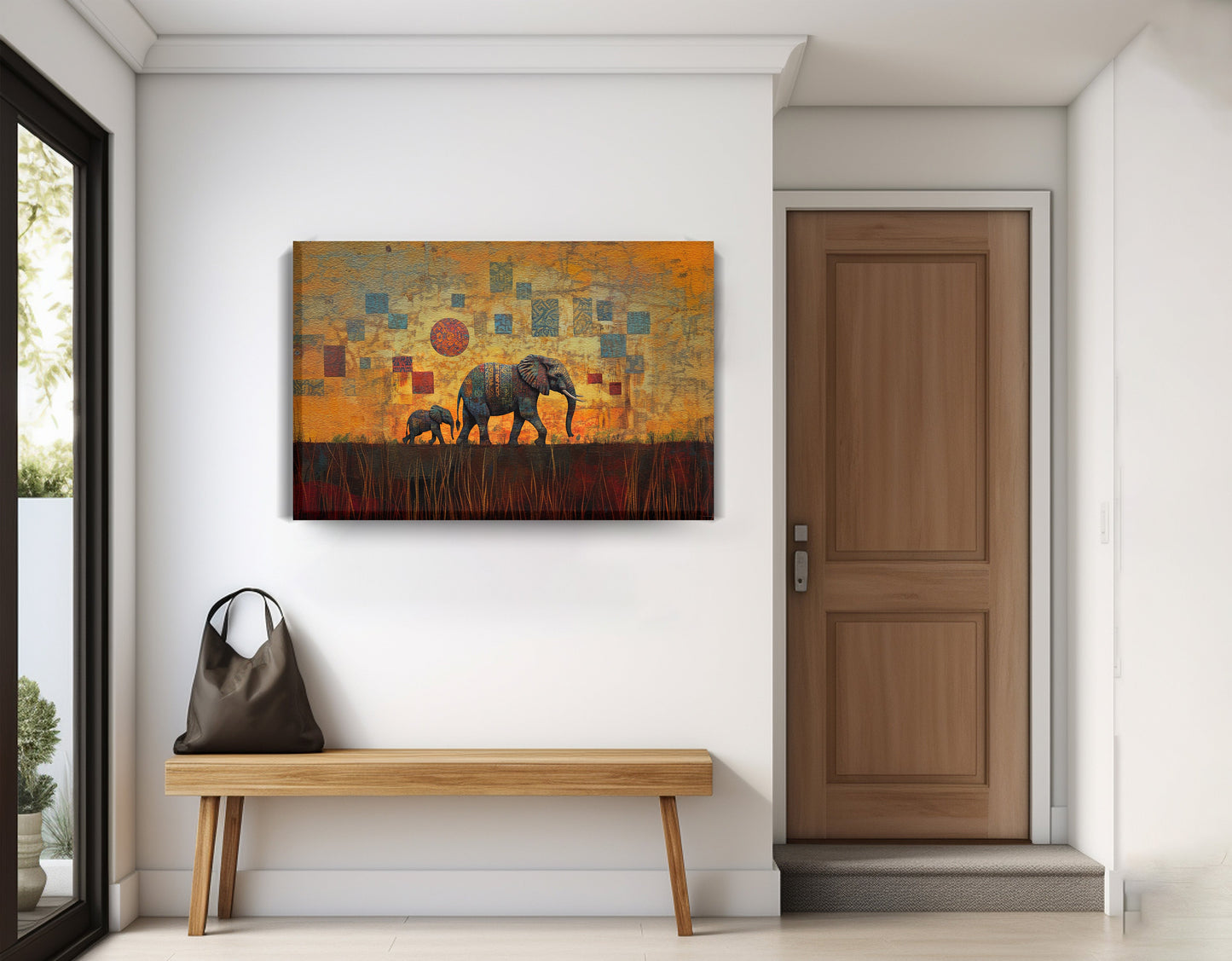 Elephant Family Gold Abstract African American abstract art displayed as entryway wall decor