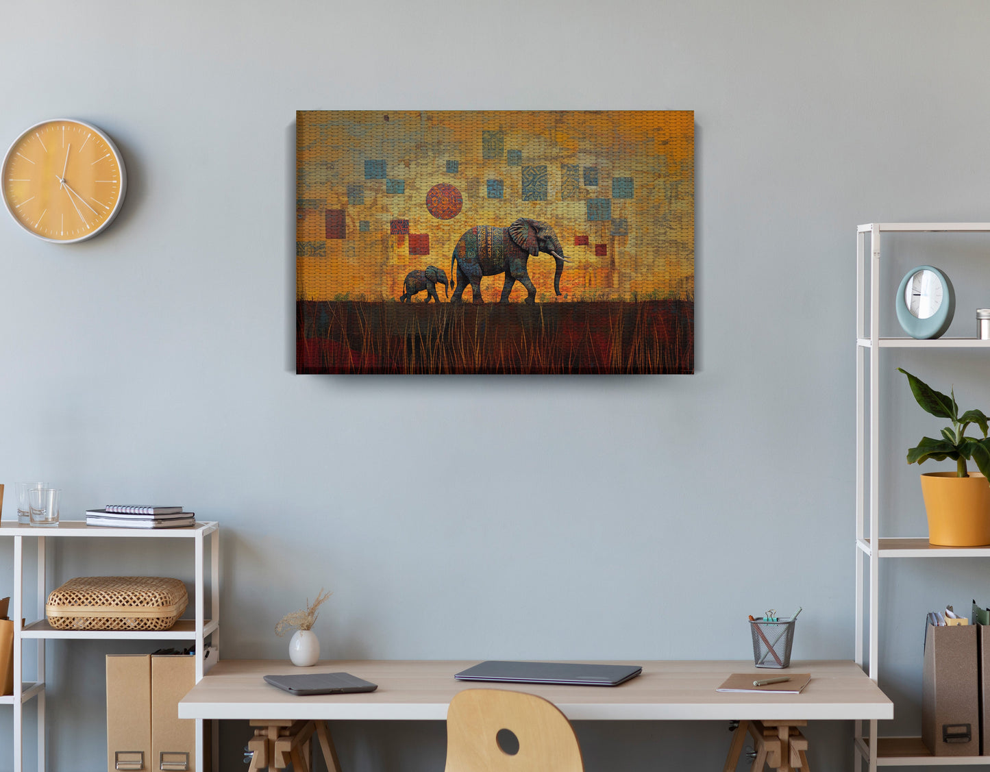 Elephant Family Gold Abstract African American abstract art displayed as office wall decor