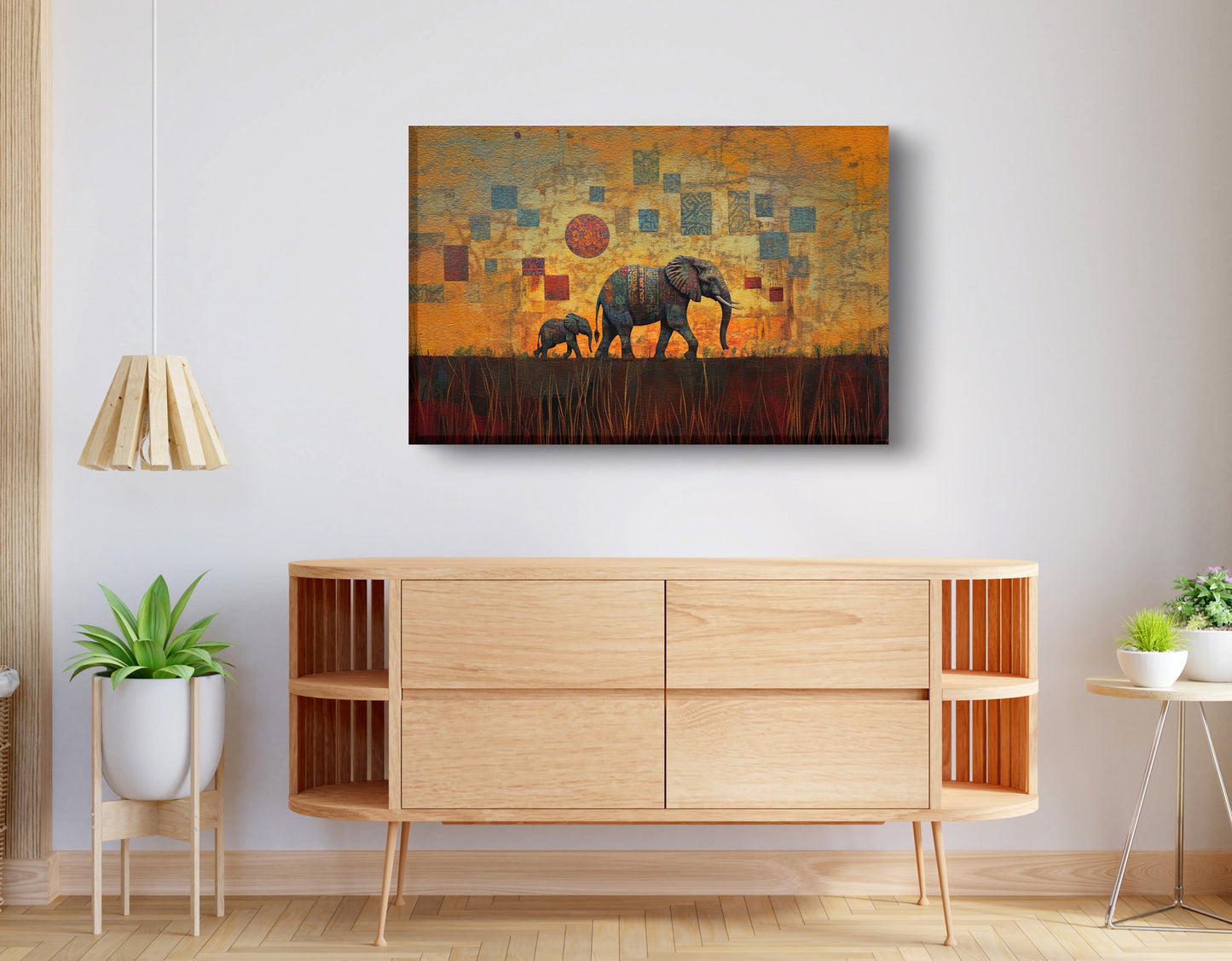 Elephant Family Gold Abstract African American abstract art displayed as living room wall decor