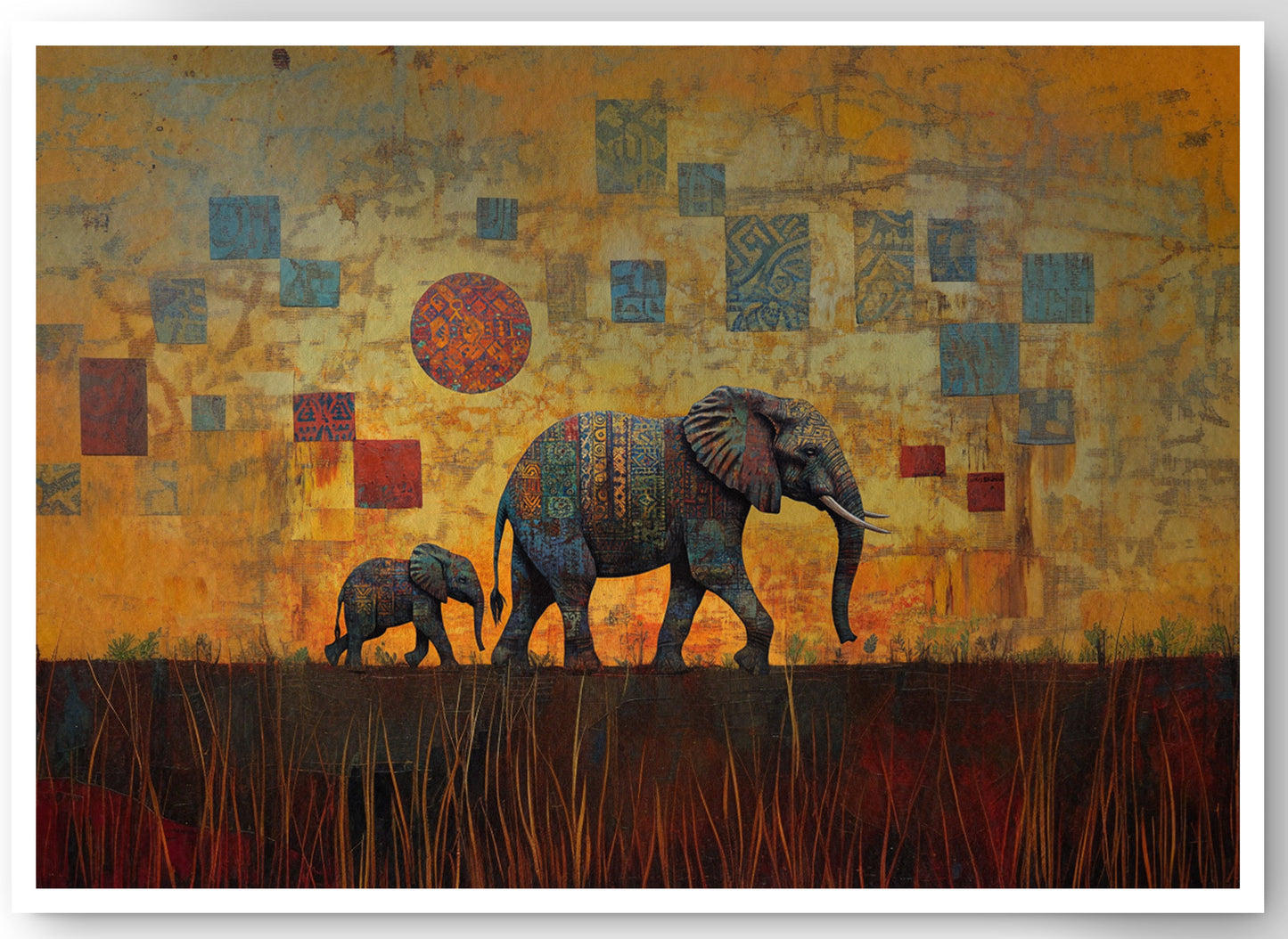 Elephant Family Gold Abstract African American abstract art canvas print by MoomZee Artwork