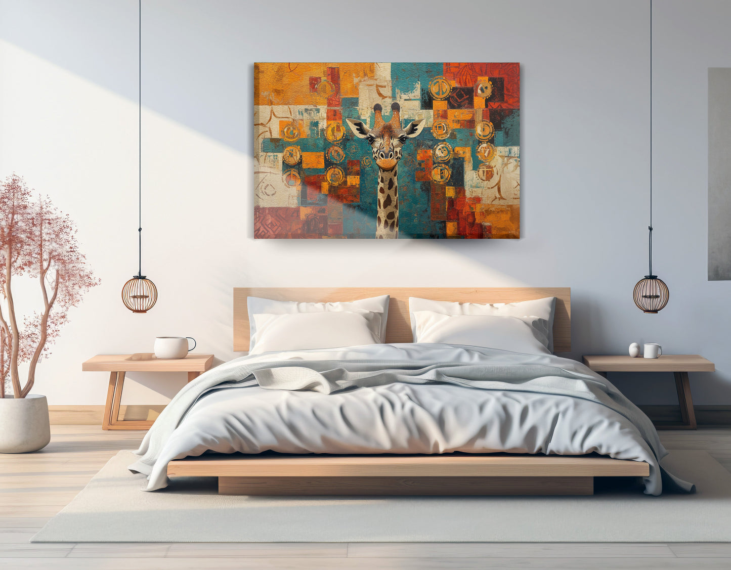 Giraffe Gold Pattern African American canvas print displayed as bedroom wall decor