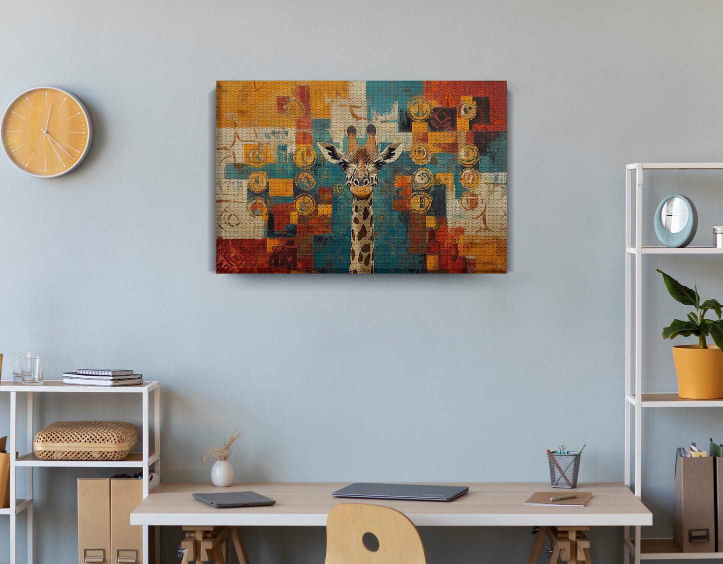 Giraffe Gold Pattern African American canvas print displayed as office wall decor