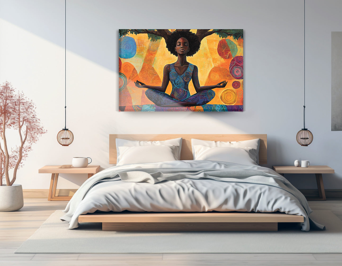 Black Woman Yoga Meditation African American wall art displayed as bedroom wall decor