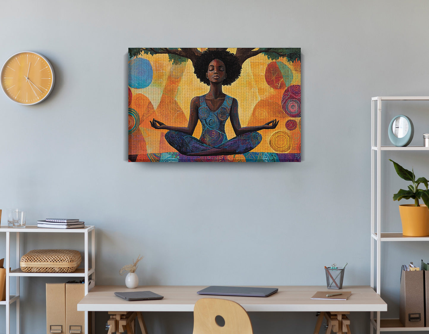Black Woman Yoga Meditation African American wall art displayed as office wall decor