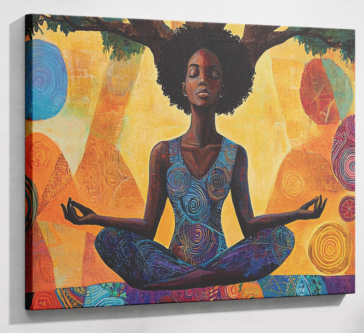 Black Woman Yoga Meditation African American wall art canvas print with visible wall art format