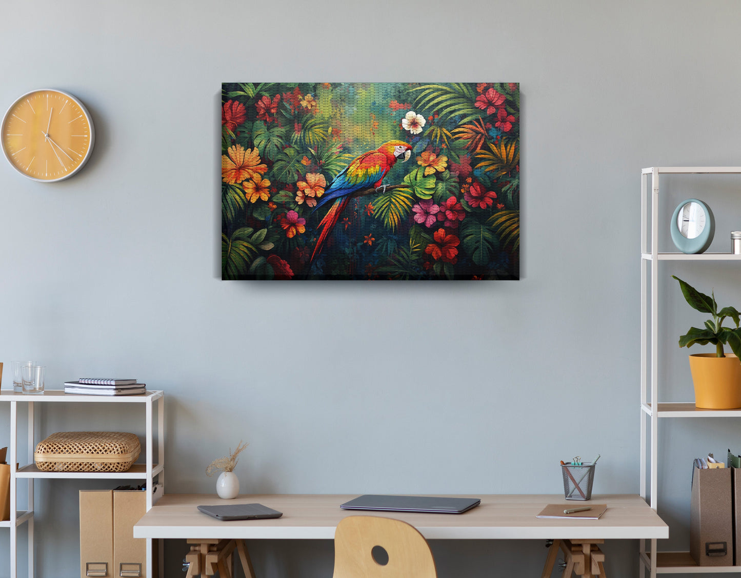 Tropical Parrot Floral Black Caribbean wall art displayed as office wall decor