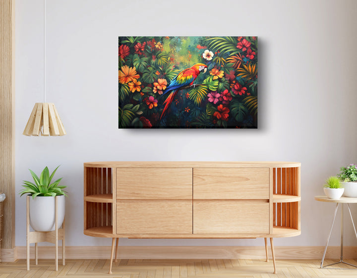 Tropical Parrot Floral Black Wall Art