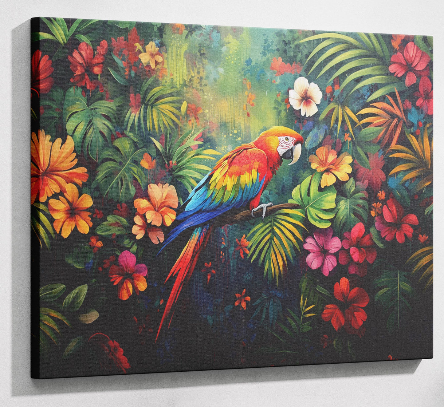 Tropical Parrot Floral Black Caribbean wall art canvas print with visible wall art format