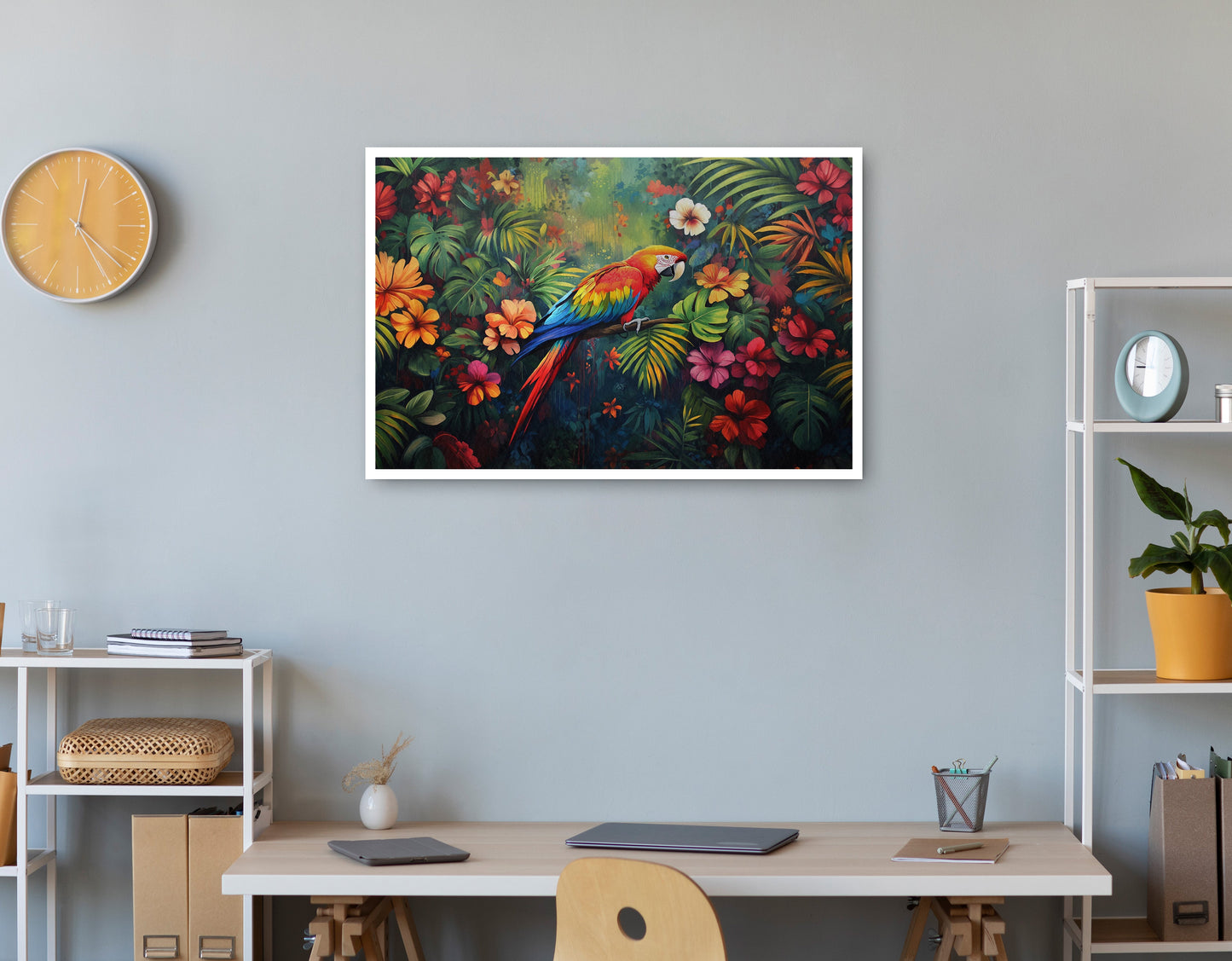 Tropical Parrot Floral Black Caribbean wall art print view