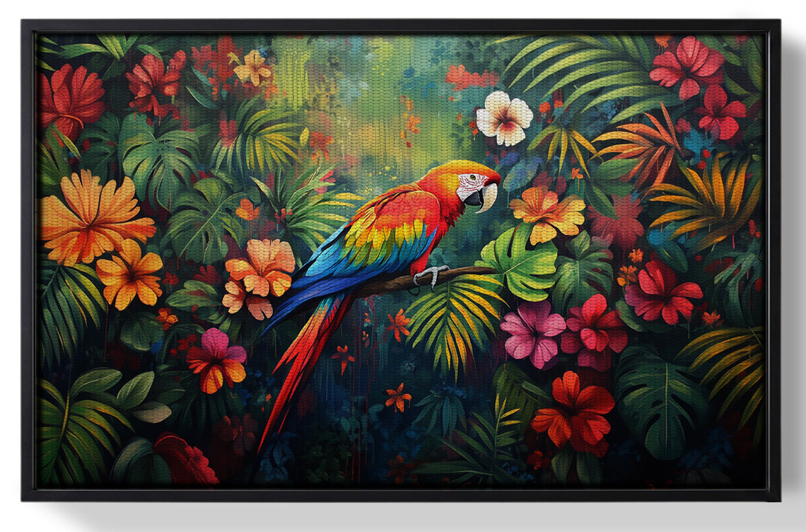 Framed Tropical Parrot Floral Black Caribbean wall art for home decor