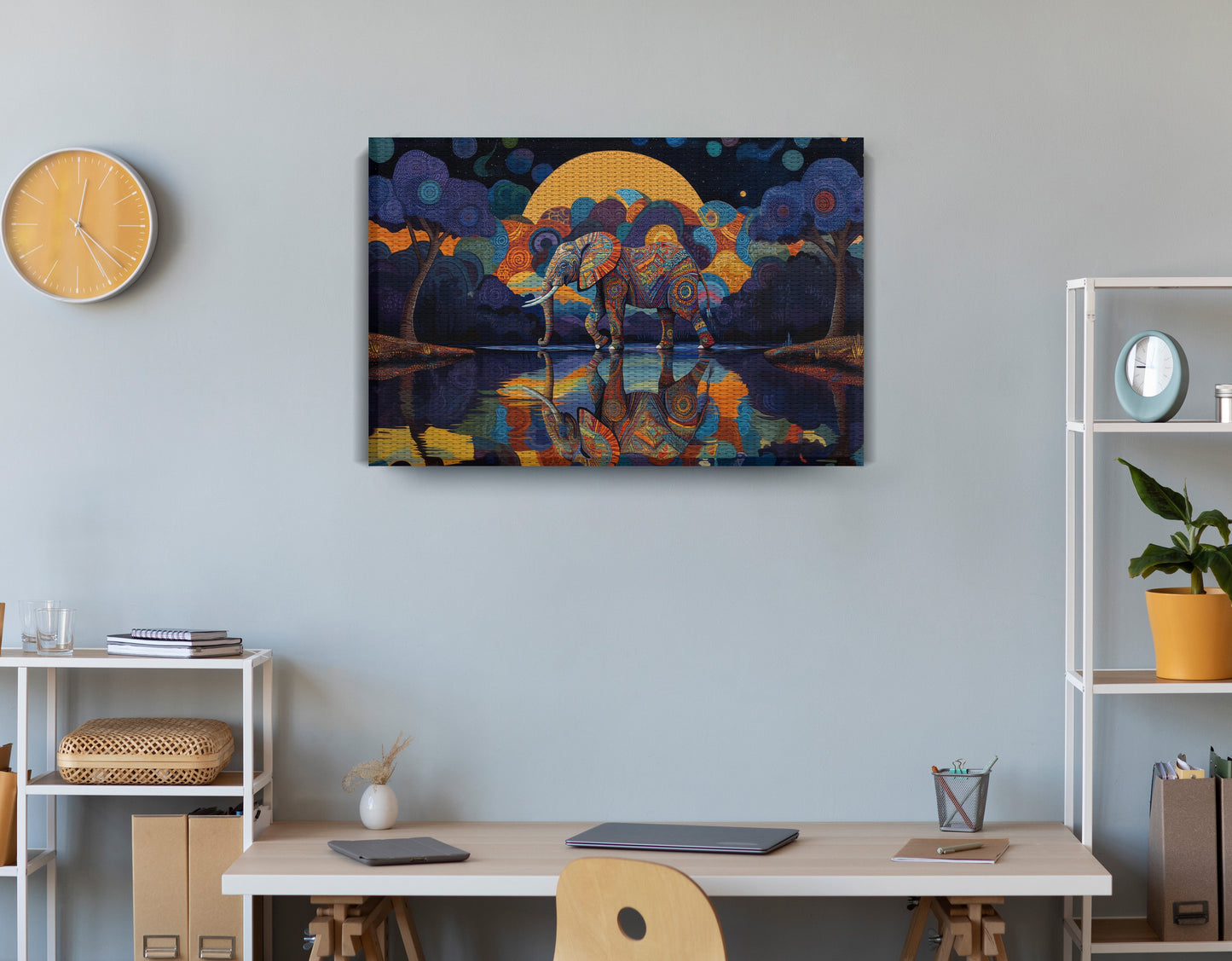 Elephant Moon Reflection Black African American canvas print displayed as office wall decor