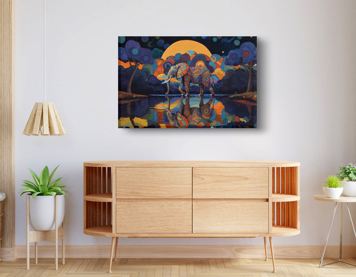 Elephant Moon Reflection Black Wall Art