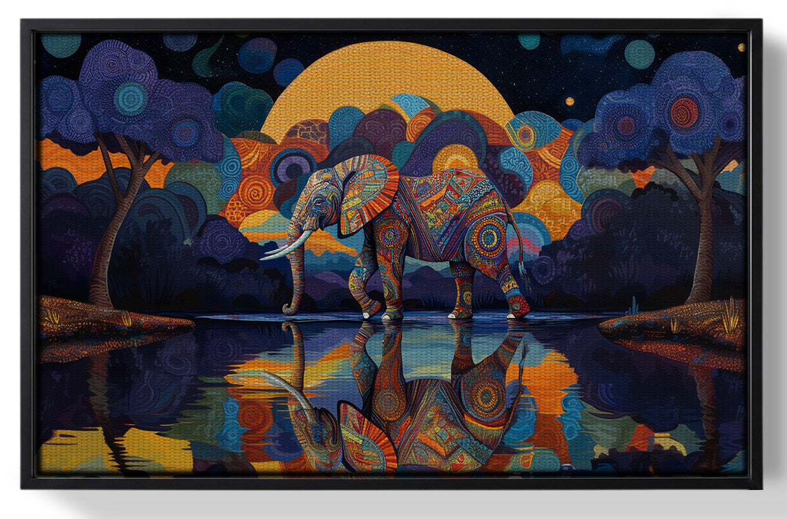 Framed Elephant Moon Reflection Black African American canvas print for home decor