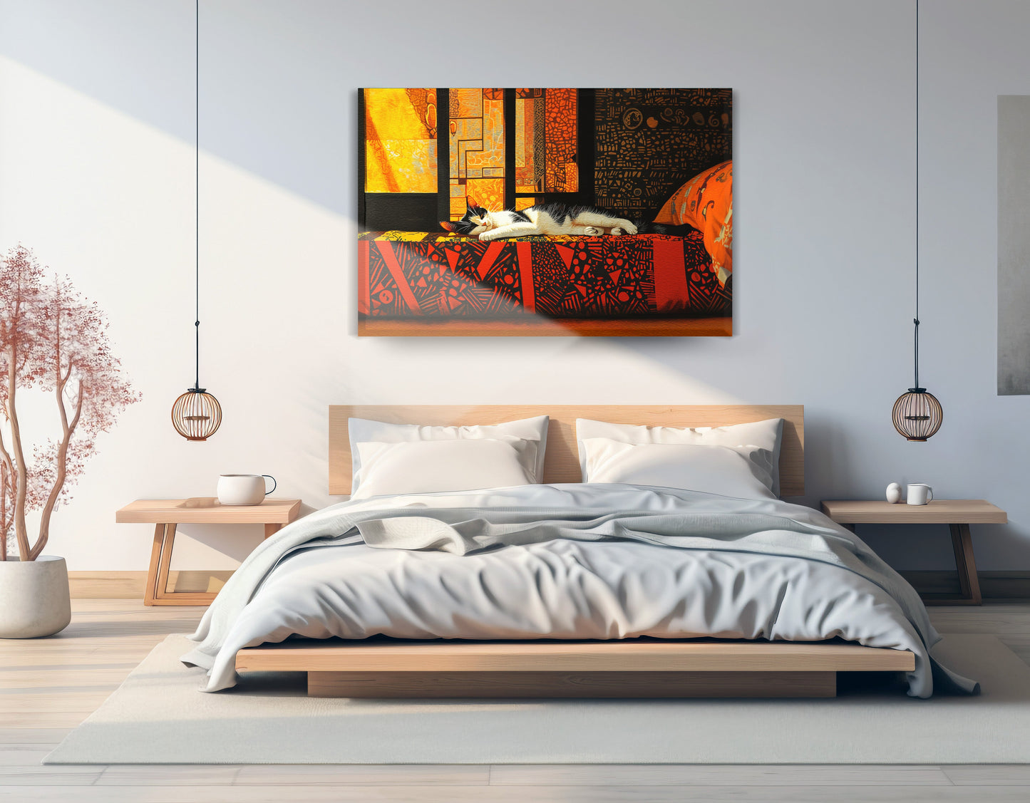 Sleeping White Cat Red Pattern African American canvas print displayed as bedroom wall decor