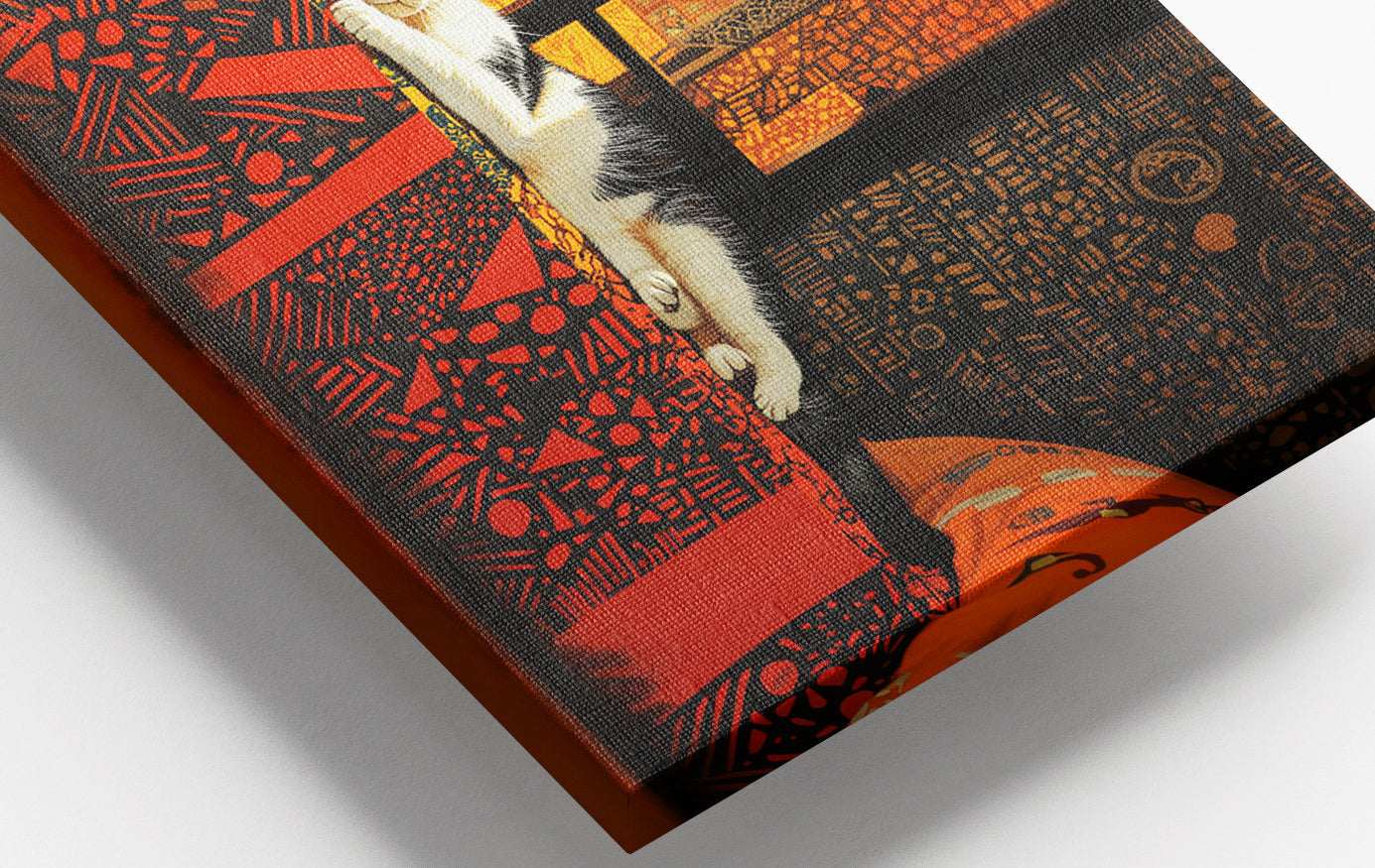 Close-up of Sleeping White Cat Red Pattern African American canvas print detail