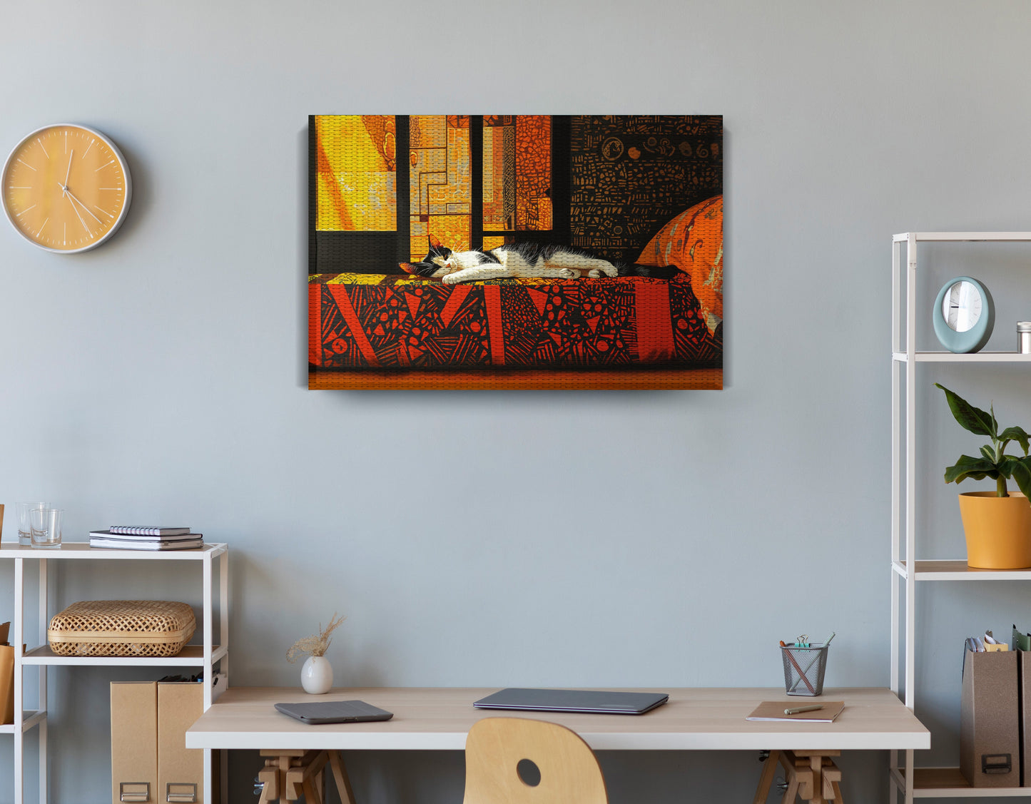 Sleeping White Cat Red Pattern African American canvas print displayed as office wall decor