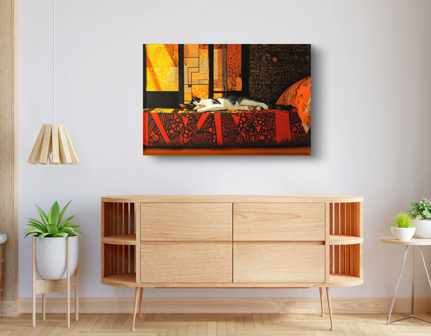 Sleeping White Cat Red Pattern African American canvas print displayed as living room wall decor