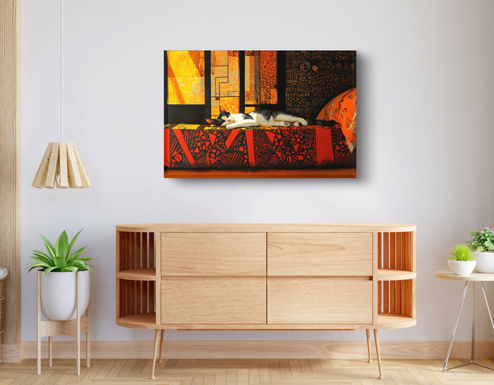 Sleeping White Cat Red Pattern Wall Art