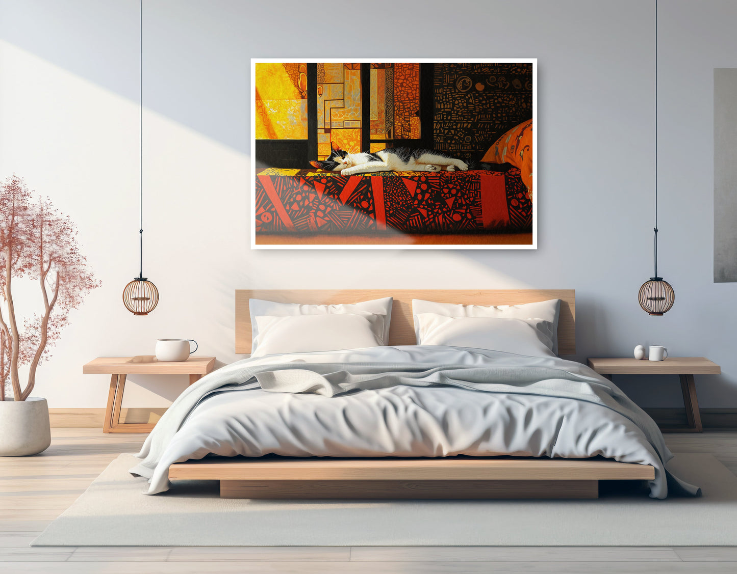 Sleeping White Cat Red Pattern African American canvas print artwork view