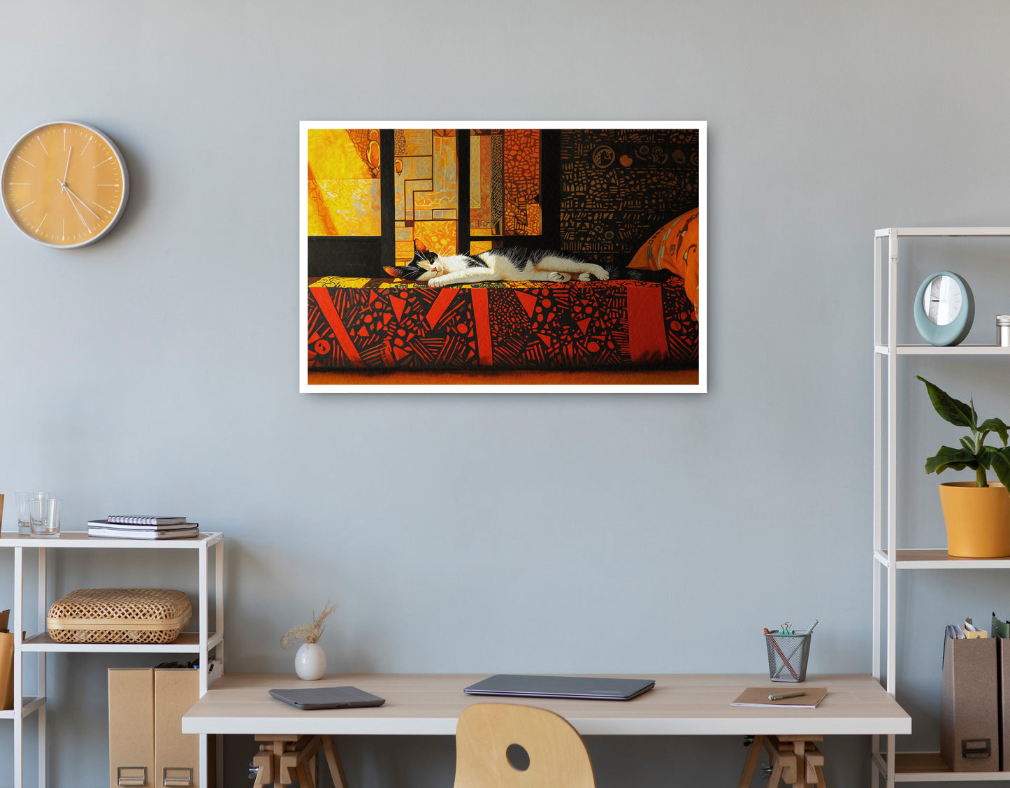 Sleeping White Cat Red Pattern African American canvas print print view