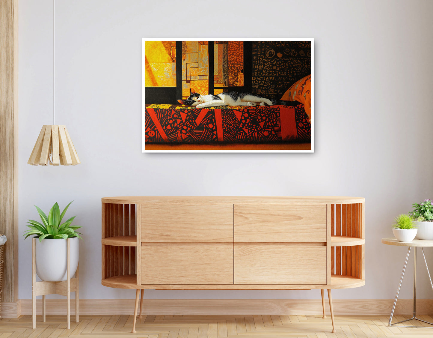 Alternate view of Sleeping White Cat Red Pattern African American canvas print